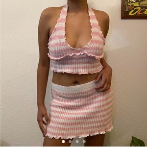 🌸 Reworked Pink and White Striped Crochet Knit Mini Skirt & Crop Top Co-Ord Set